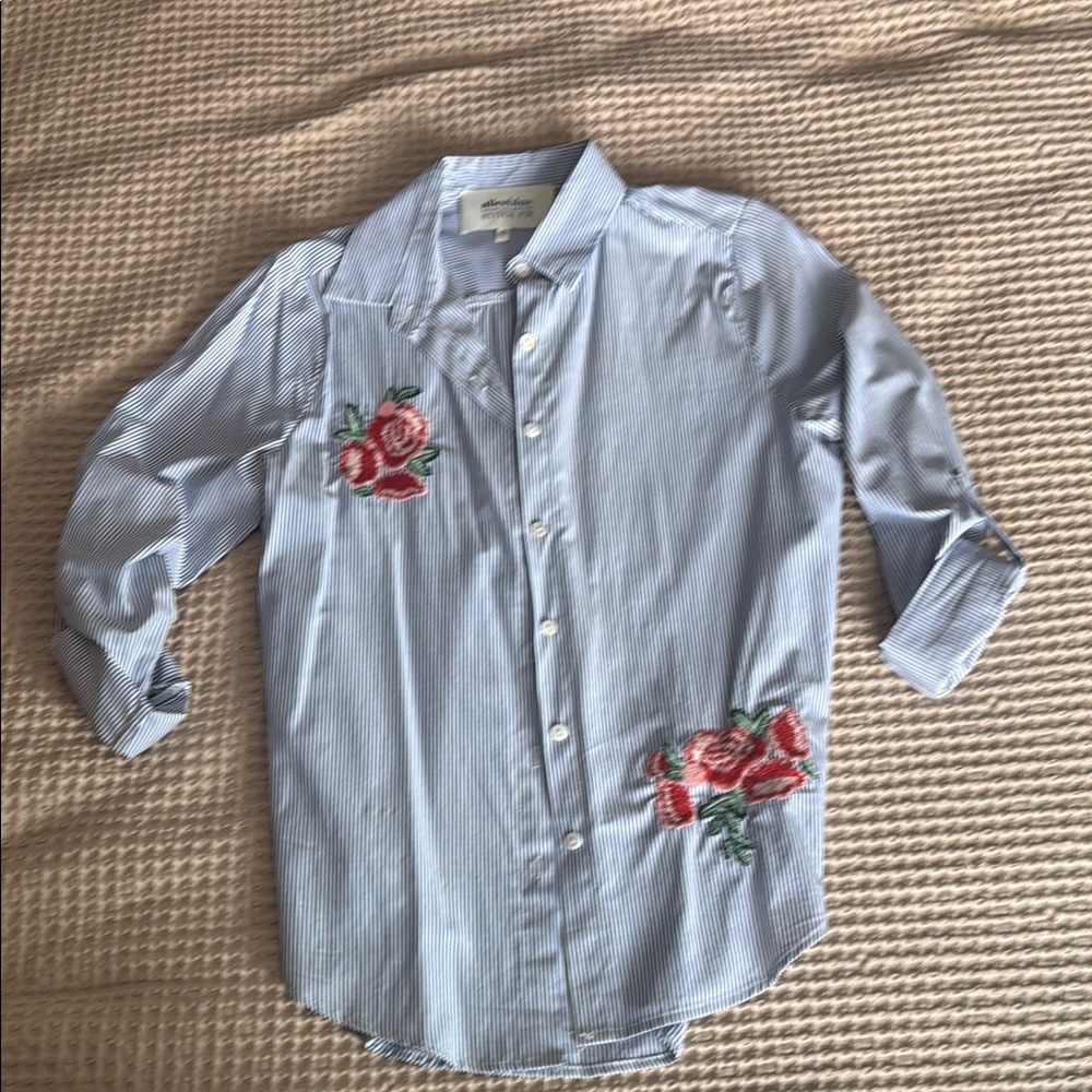 Blue Striped Shirt with Floral Embroidery